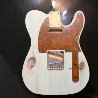 Transparent blue Pine Telecaster body with rusted pickguard. Ships free
