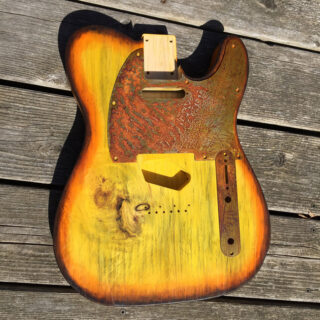 Spice stained sunburst Pine Telecaster body with rusted pickguard. Ships free