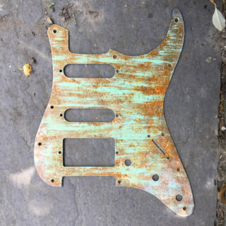 Seafoam Strat steel pickguard HSS, rusted blue scratches. hammered metal. Ships Free