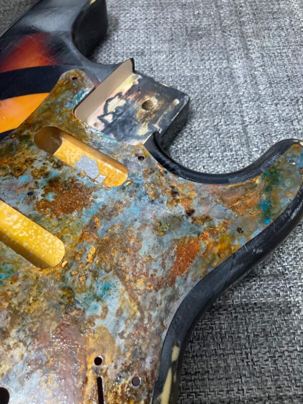 Relic Steel Strat Pickguard with unique patina and patterns. Easy upgrade. Ships Free - Image 4