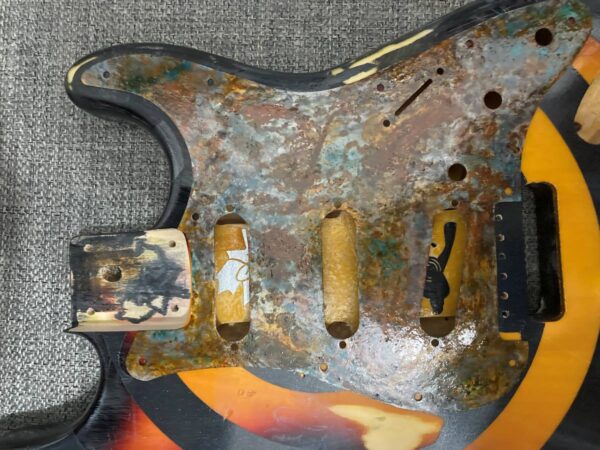 Relic Steel Strat Pickguard with unique patina and patterns. Easy upgrade. Ships Free - Image 2