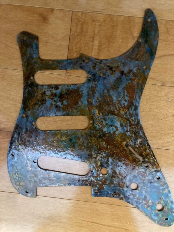 Relic Steel Strat Pickguard with unique patina and patterns. Easy upgrade. Ships Free - Image 3