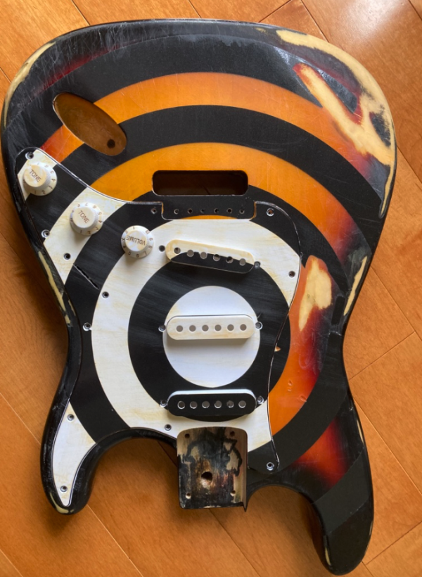 Guitar body. relic'd bullseye Strat graphics front and back with pickguard and pickup covers. Ships free - Image 7