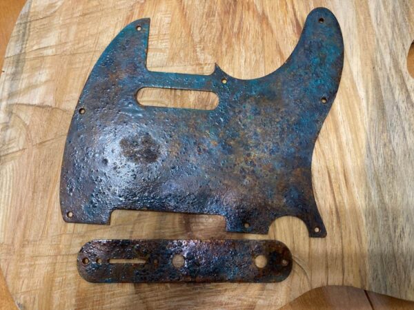 Rusted tele pickguard with blue patina and damaged textures. Extreme finish . Ships free